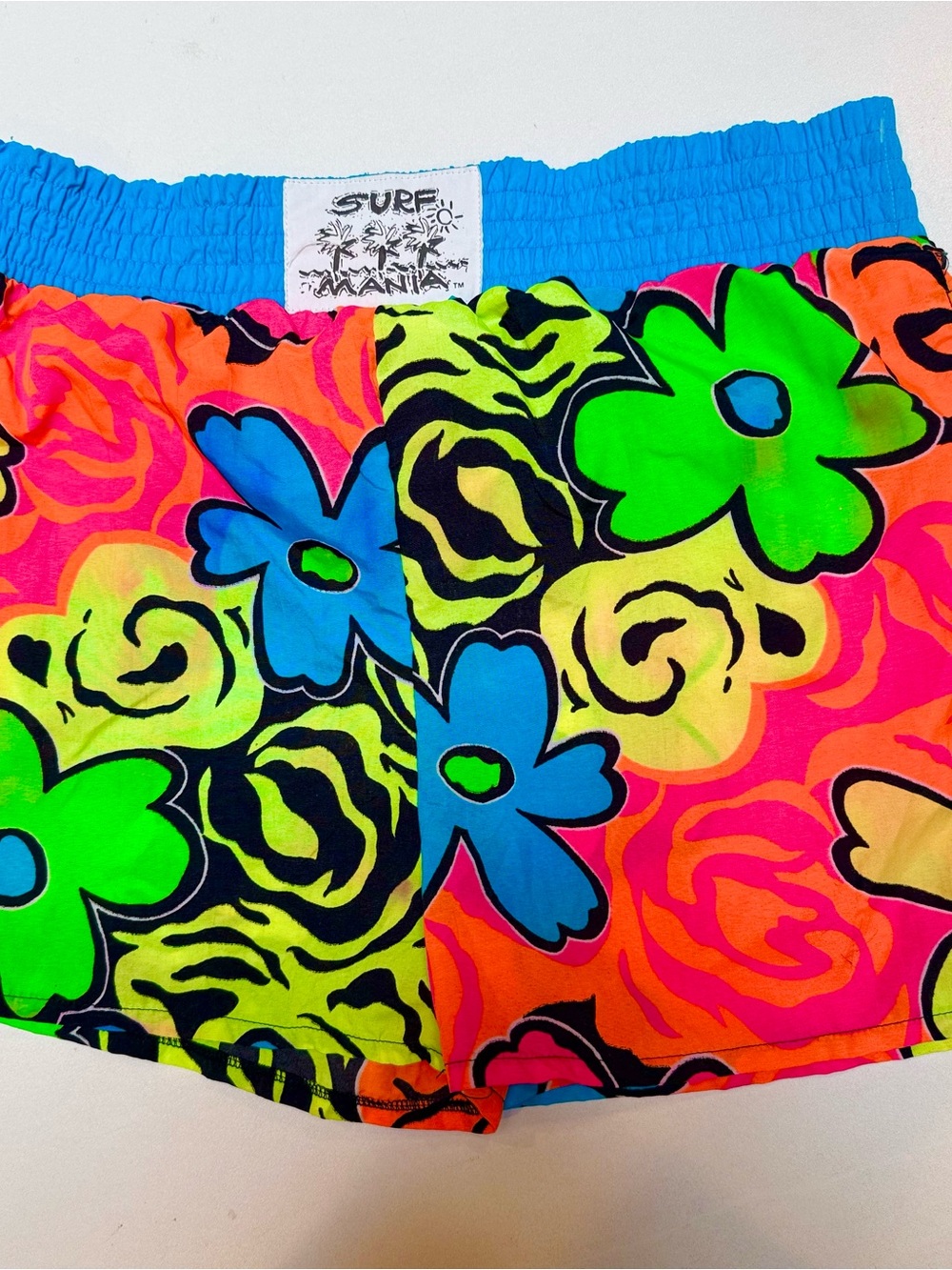 Surf Mania Men’s Neon Floral Swim Board Shorts - Blue Waistband